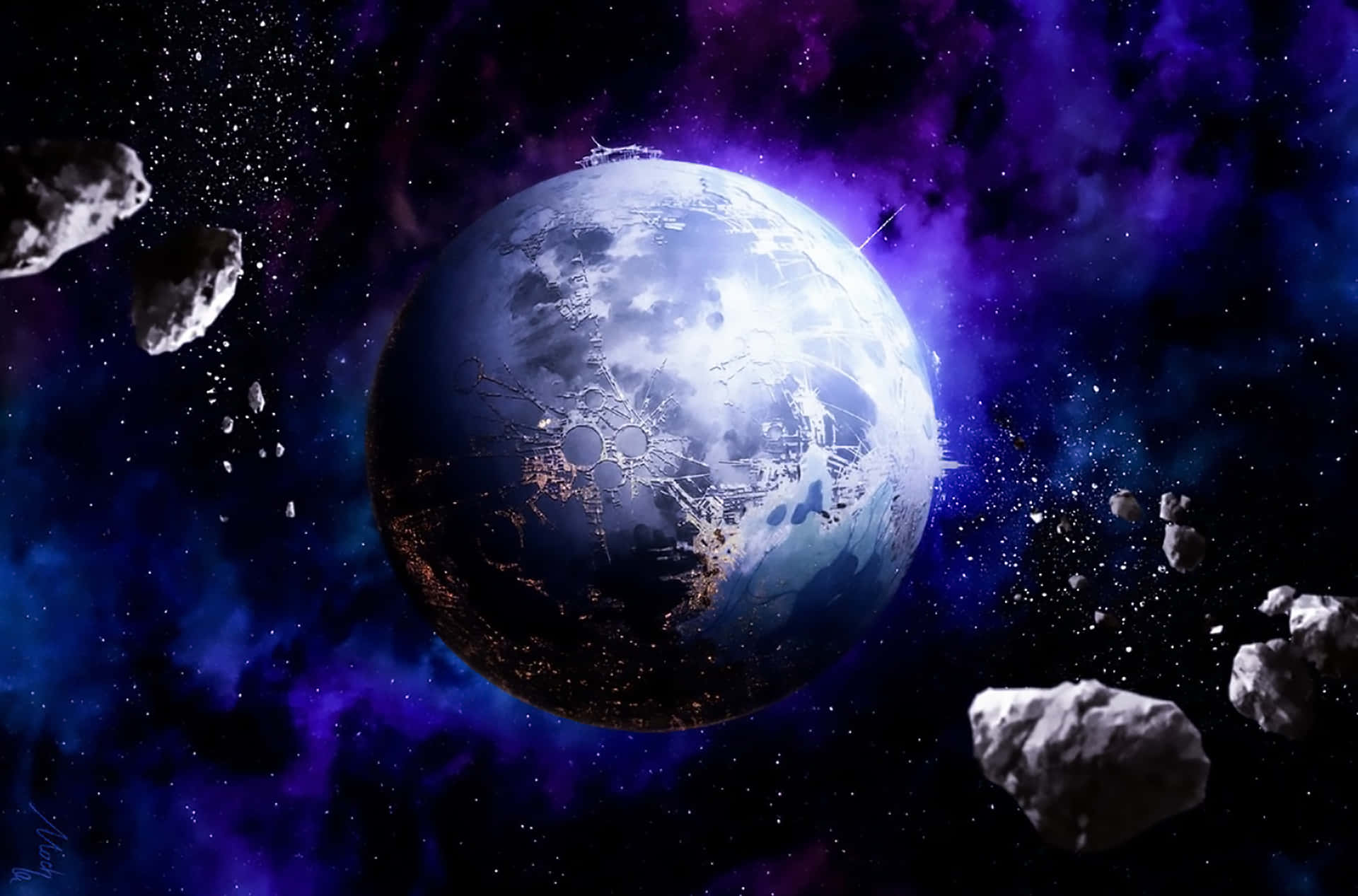 一顆藍色行星，帶有發光的城市，被小行星和紫色星雲環繞在太空中。