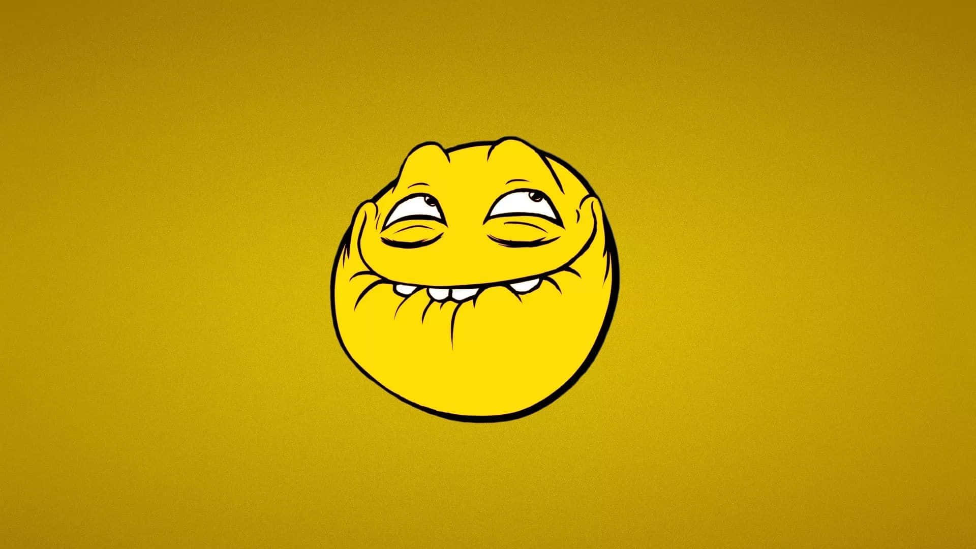一個黃色卡通臉孔，在黃色背景上張大嘴巴笑並瞇著眼睛。