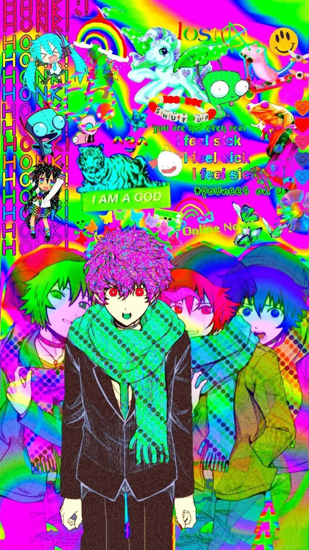 動漫角色在色彩繽紛混亂的數碼拼貼畫中，帶有文字和流行文化元素。