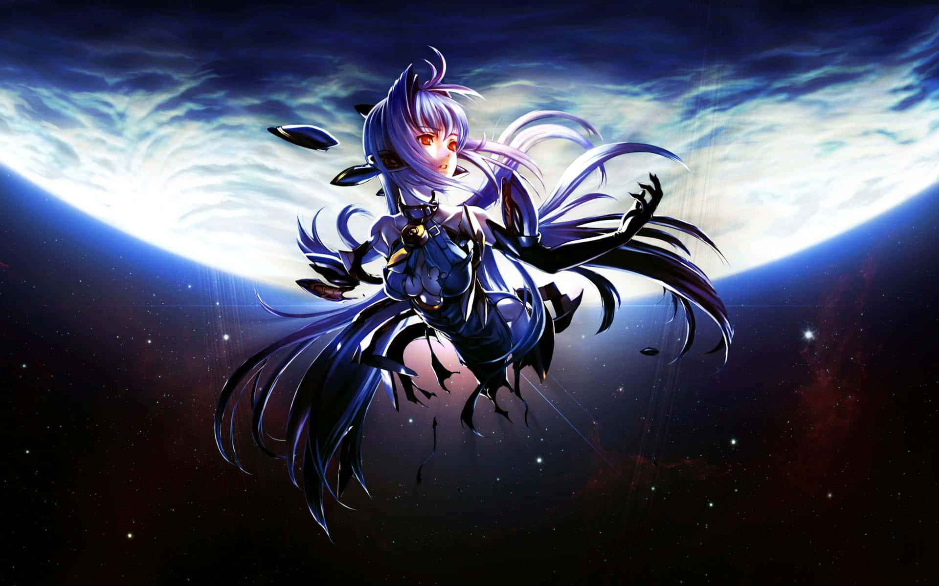紫髮紅眼的動漫少女在行星附近的太空中漂浮。
