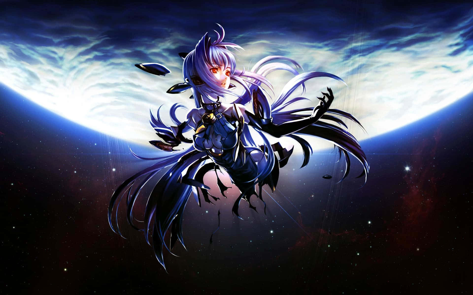 動漫女孩，紫色頭髮，紅色眼睛，在太空中漂浮，身後有星星和行星。