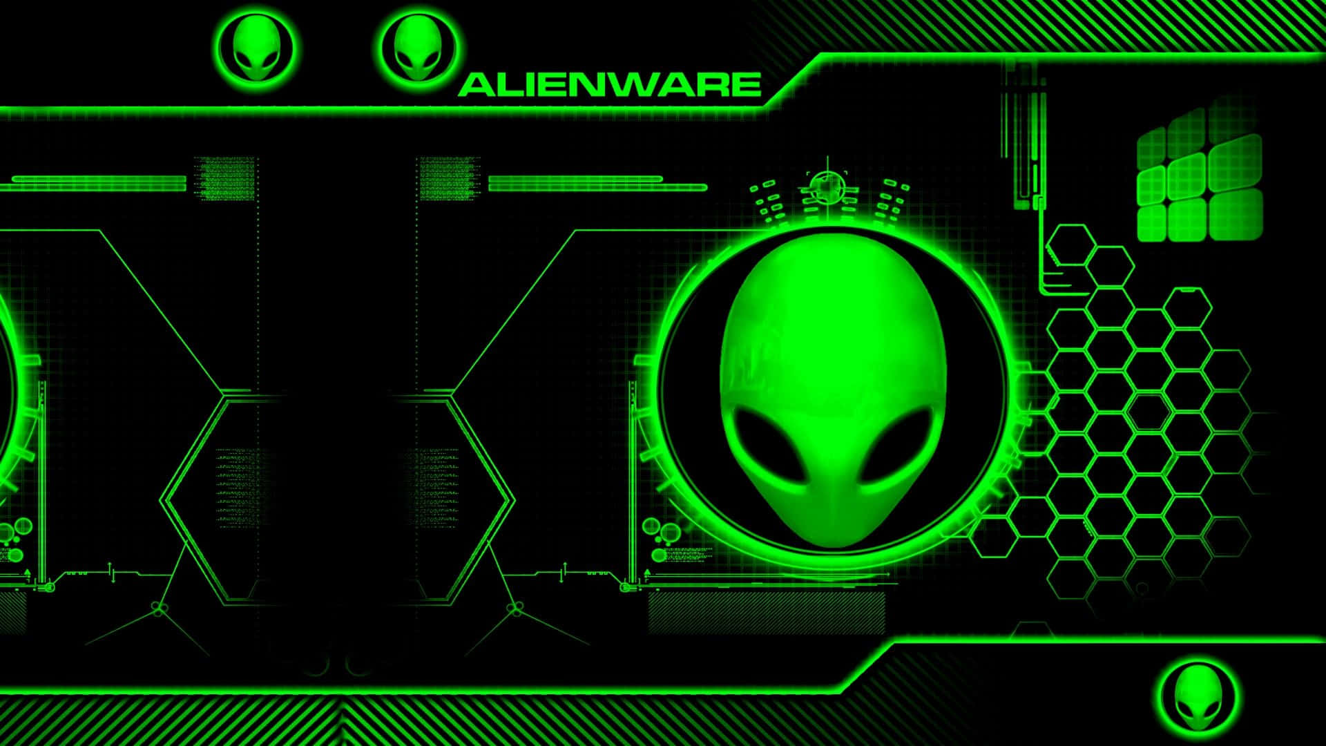 異形：孤立 壁紙 — 一個發光的綠色外星人頭部，位於帶有六邊形圖案和Alienware品牌的未來數碼界面中央。