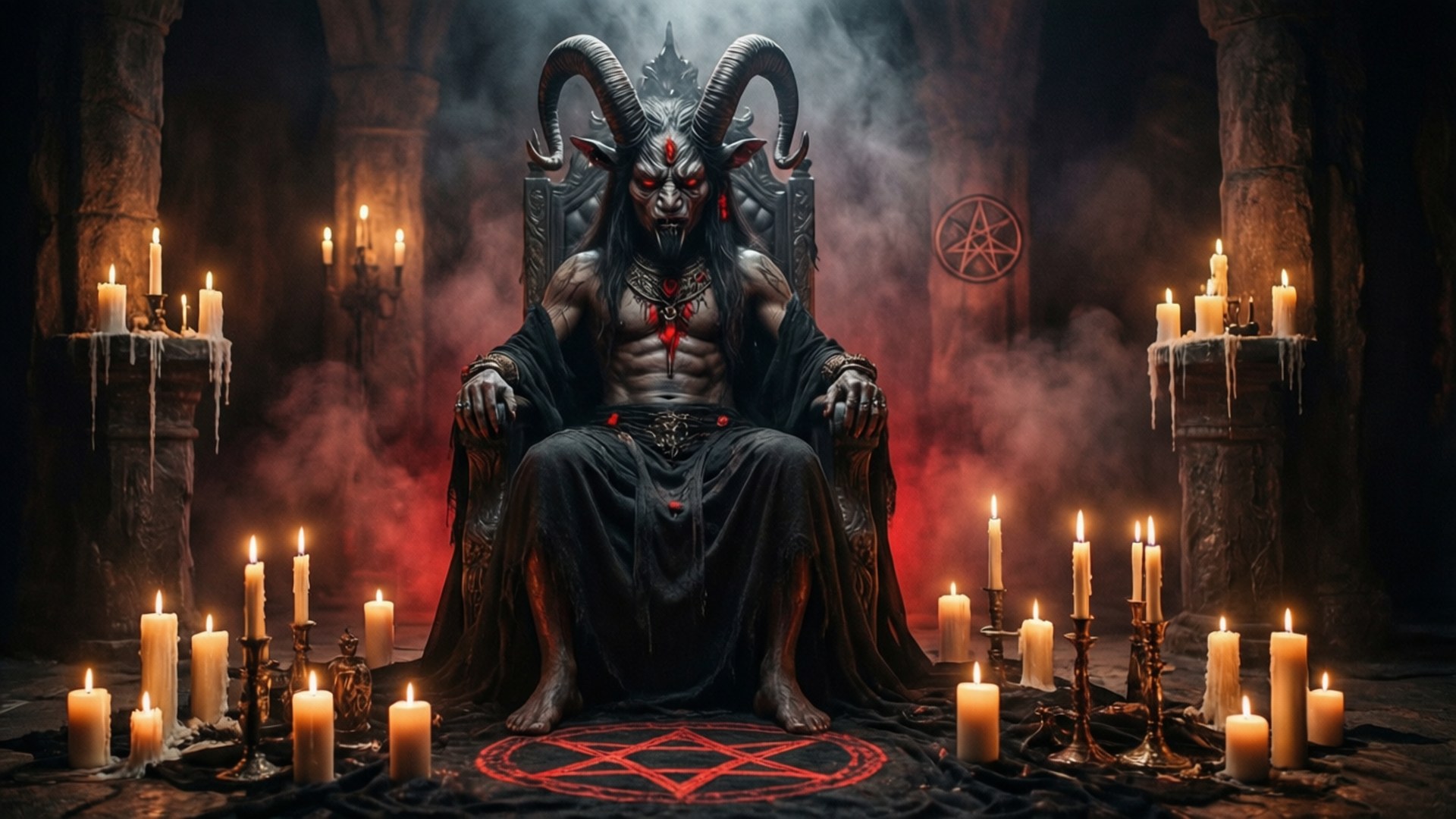 一個有角的惡魔形象，坐在黑暗石室中蠟燭環繞的王座上。