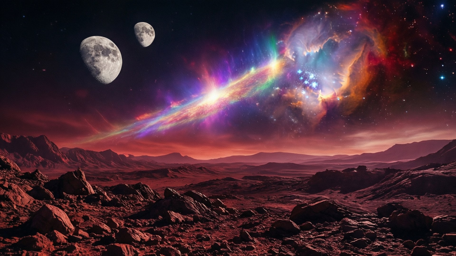 紅色外星沙漠，上方有兩個月亮和色彩繽紛的宇宙星雲