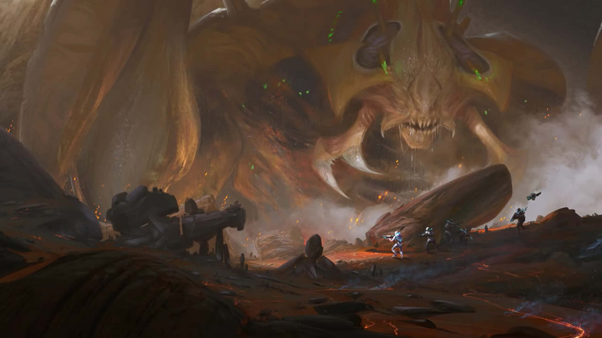 異星泰坦 1920x1080 文明：地球以外 背景 壁紙 — 細小戰士面對一個巨大的怪物，在熾熱的外星景觀中，有發光的綠色眼睛和熔化的地面。