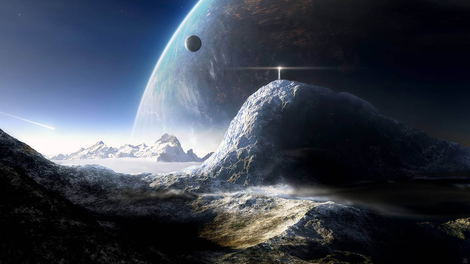 黃昏時分，在行星和月球下，帶有發光尖塔的外星山脈。