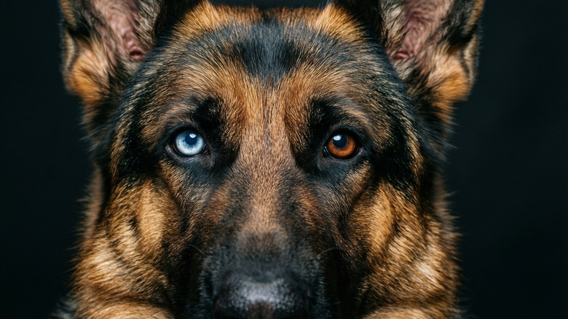 異色凝視 壁紙 — 德國牧羊犬的特寫肖像，擁有引人注目的異色眼睛，一藍一棕，背景為黑色。