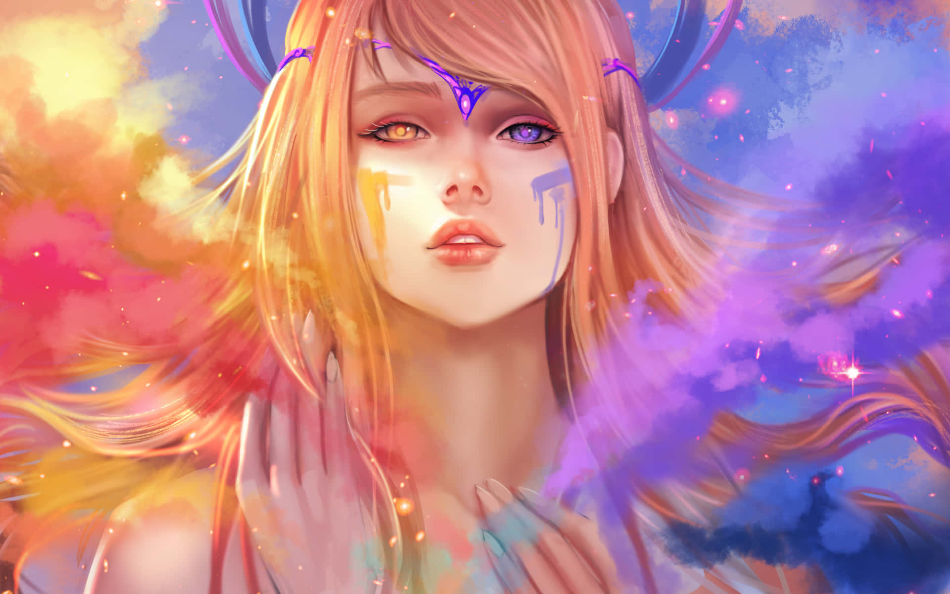 擁有發光眼睛和宇宙背景的動漫女孩