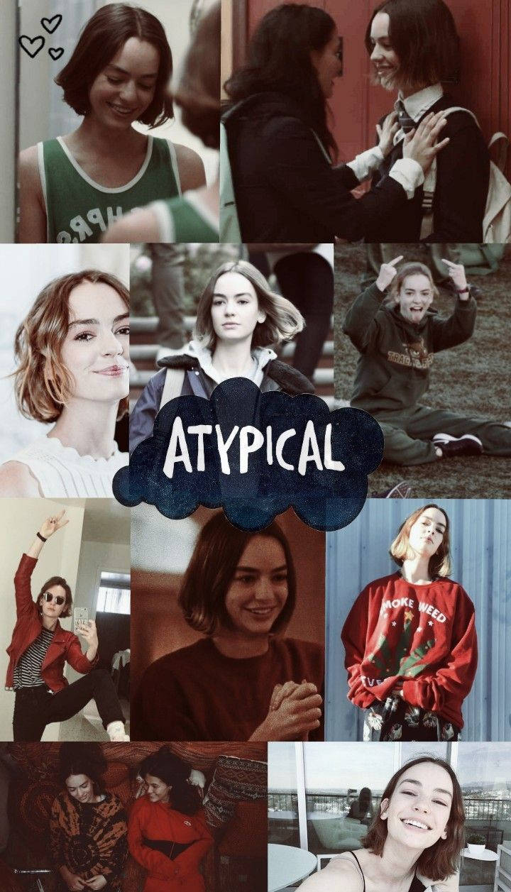 一個女性在不同服裝和場景中微笑的拼貼，帶有「ATYPICAL」文字。