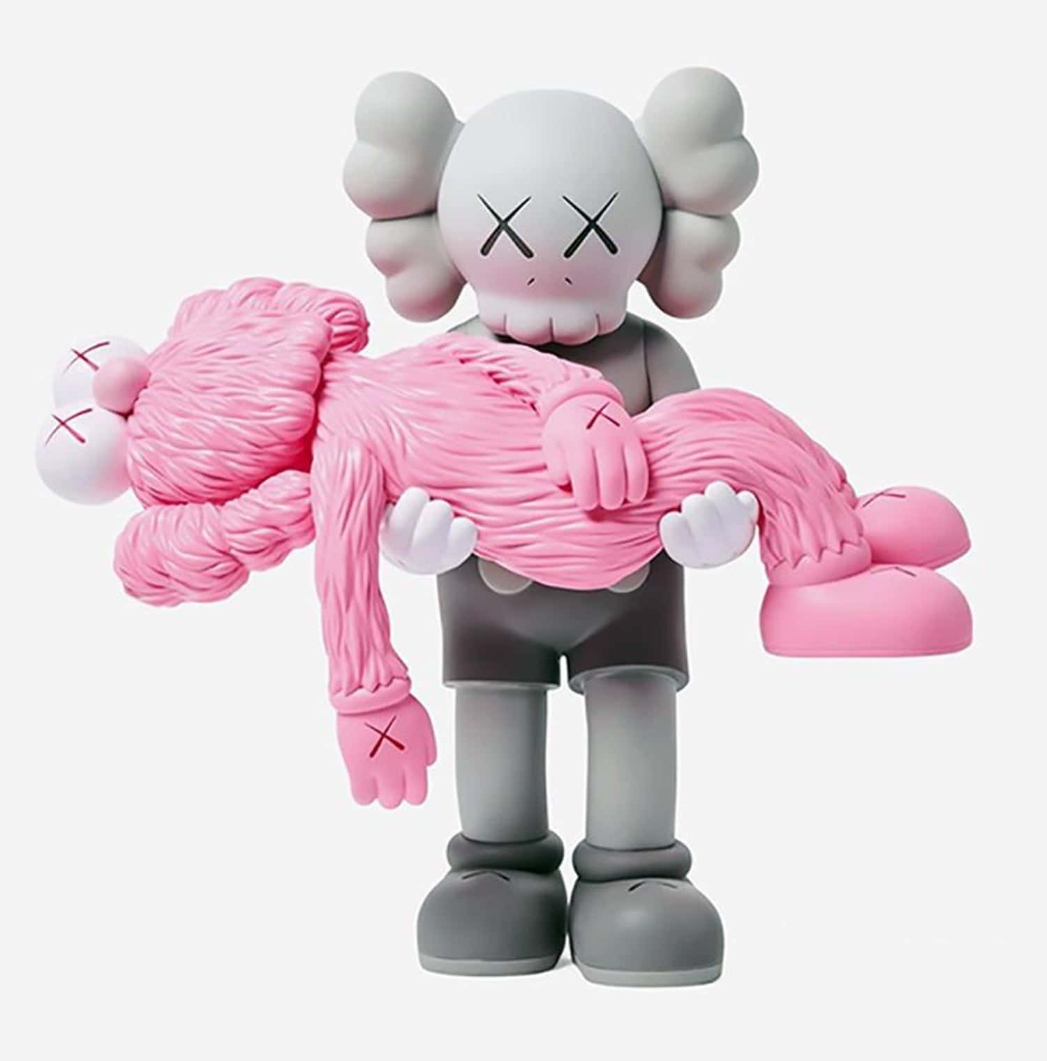 當代KAWS BFF粉紅藝術作品 壁紙 — 一個灰色的KAWS人偶在純白色背景前抱著一個粉紅色、像紗線的Companion，眼睛呈X形。