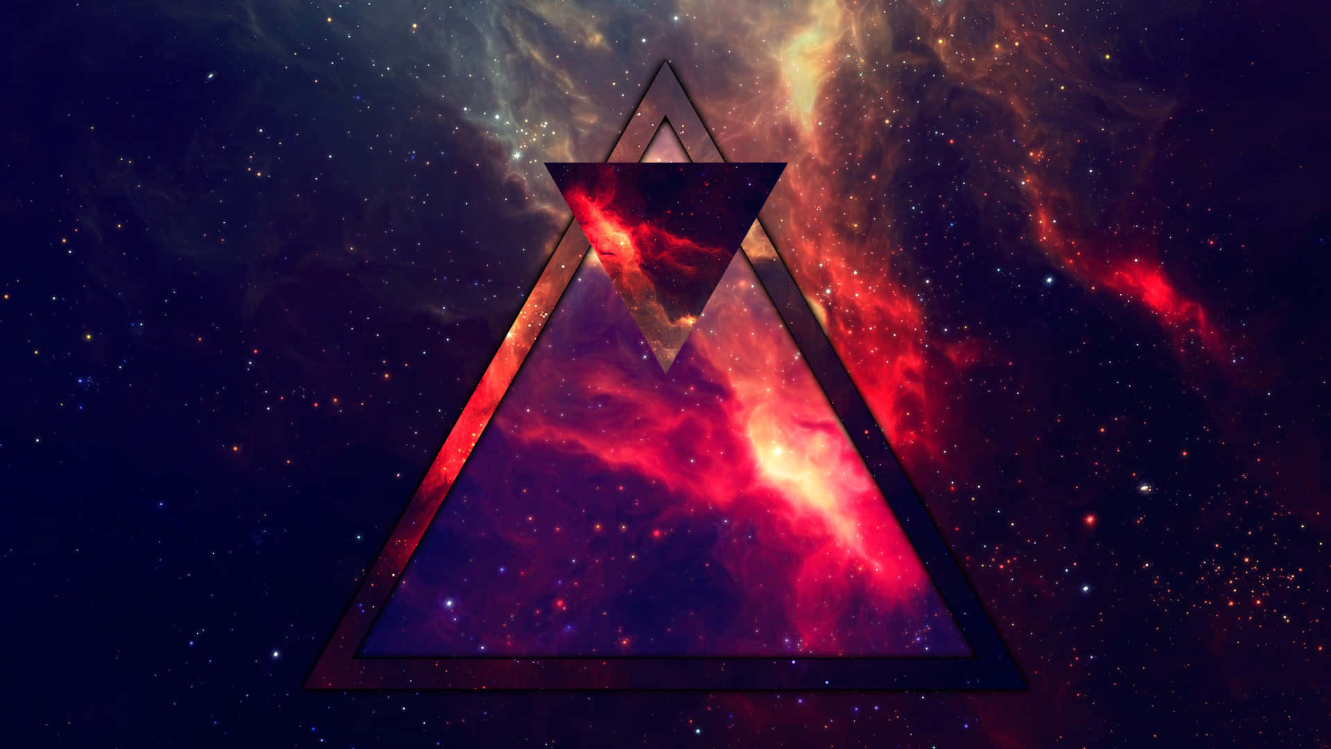 一個黑色三角形框住了深空中充滿活力的紅色星雲。