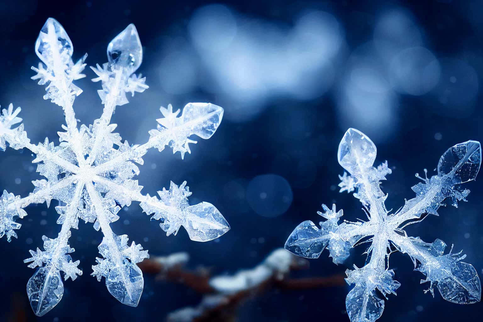 「當你放大近看，雪花的精緻與柔美令人驚嘆。」 壁紙 — 兩片精緻發光的雪花棲息在樹枝上，背景是柔和的藍色散景。