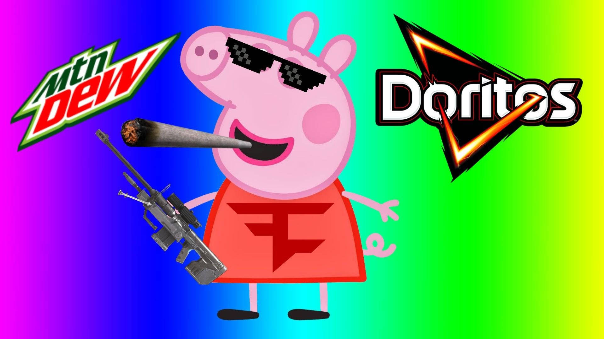 Peppa Pig 戴太陽眼鏡手持步槍和煙卷，被 Mountain Dew 和 Doritos 標誌環繞在彩虹背景上