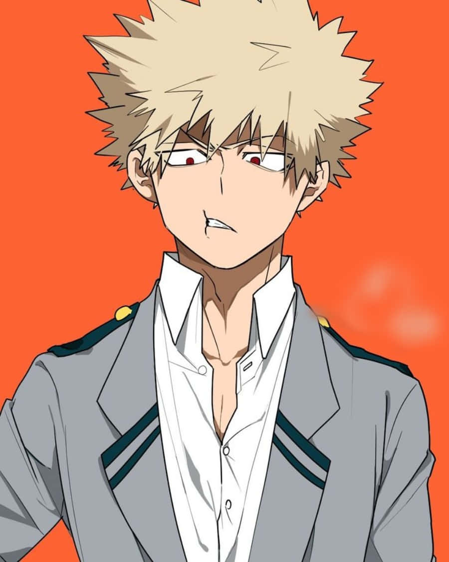 動漫男孩，金色尖刺頭髮，紅色眼睛，穿著灰色制服，背景為橙色。