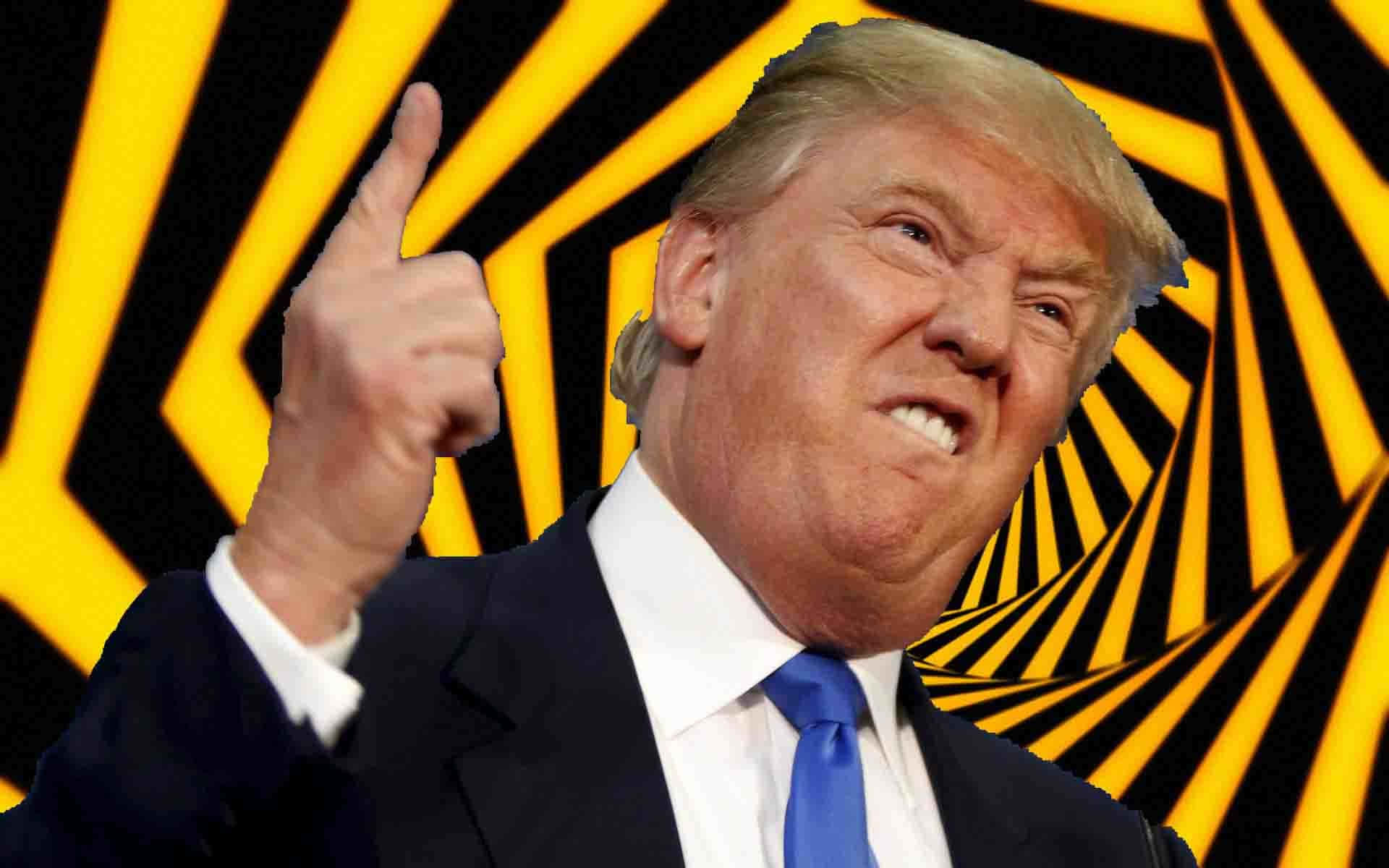 trump 桌布 壁紙 — 當勞·特朗普在鮮明的黃黑錯視背景前豎起大拇指。