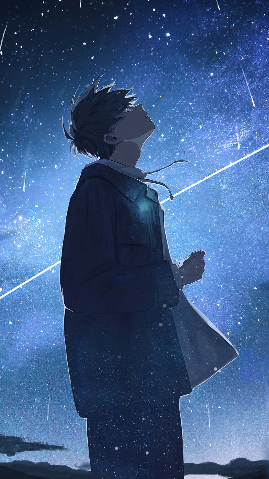 穿著外套嘅動漫男孩抬頭望住有流星嘅星空。