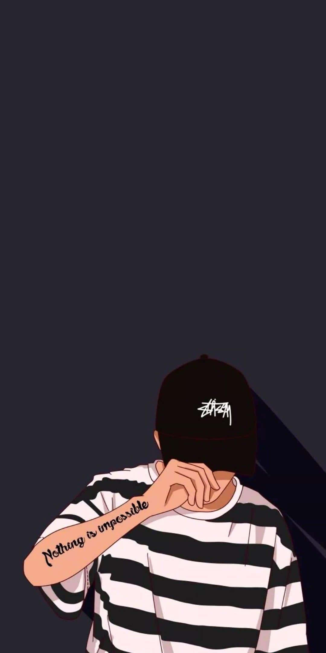 當滑板少年是我的人生 壁紙 — 一個穿著條紋襯衫和帽子的人，身上有紋身寫著「沒有什麼是不可能的」，站在深色背景前。