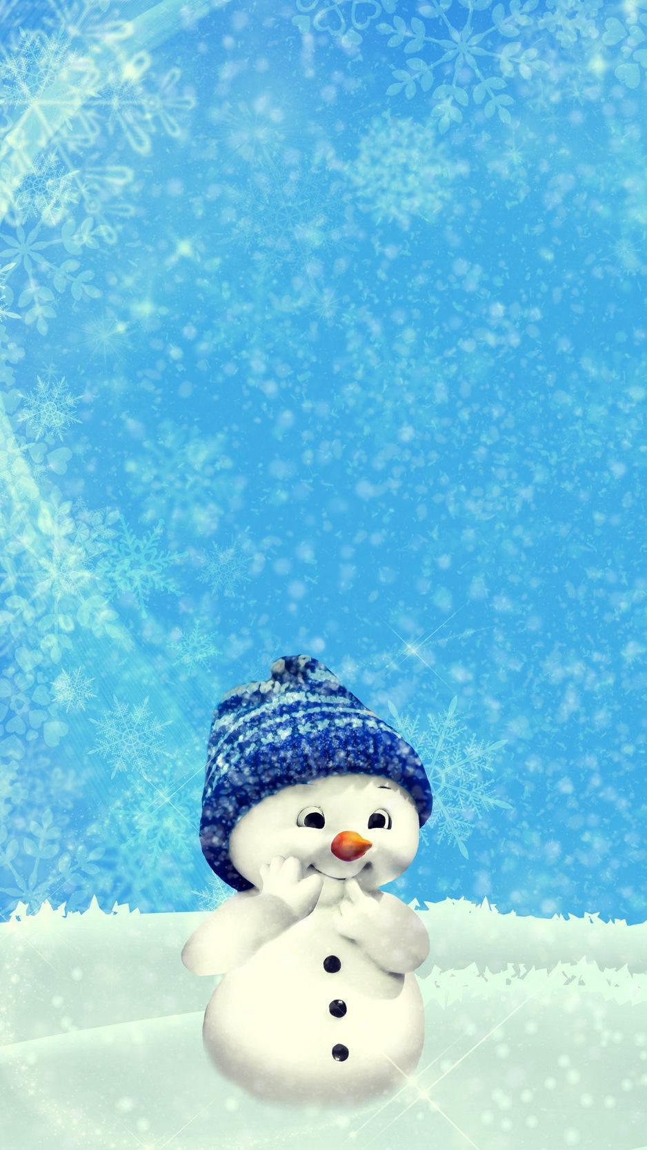 一個戴著藍色帽子的微笑雪人站在雪中，背景是藍天和雪花。