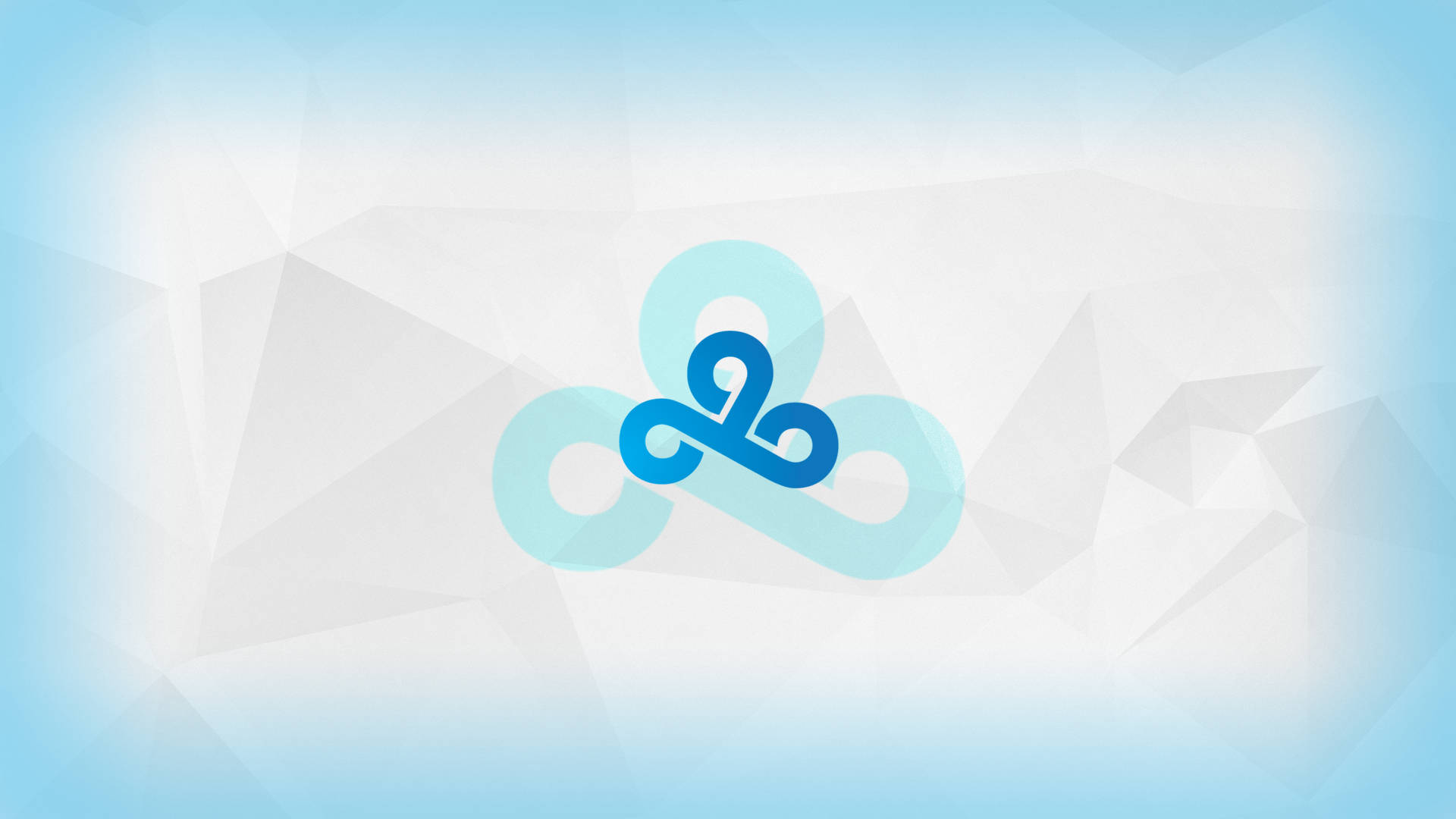 疊加藍色漸層 Cloud9 標誌 壁紙 — 一個風格化的藍色雲朵圖示漂浮在藍白漸變的柔和幾何多邊形背景上。