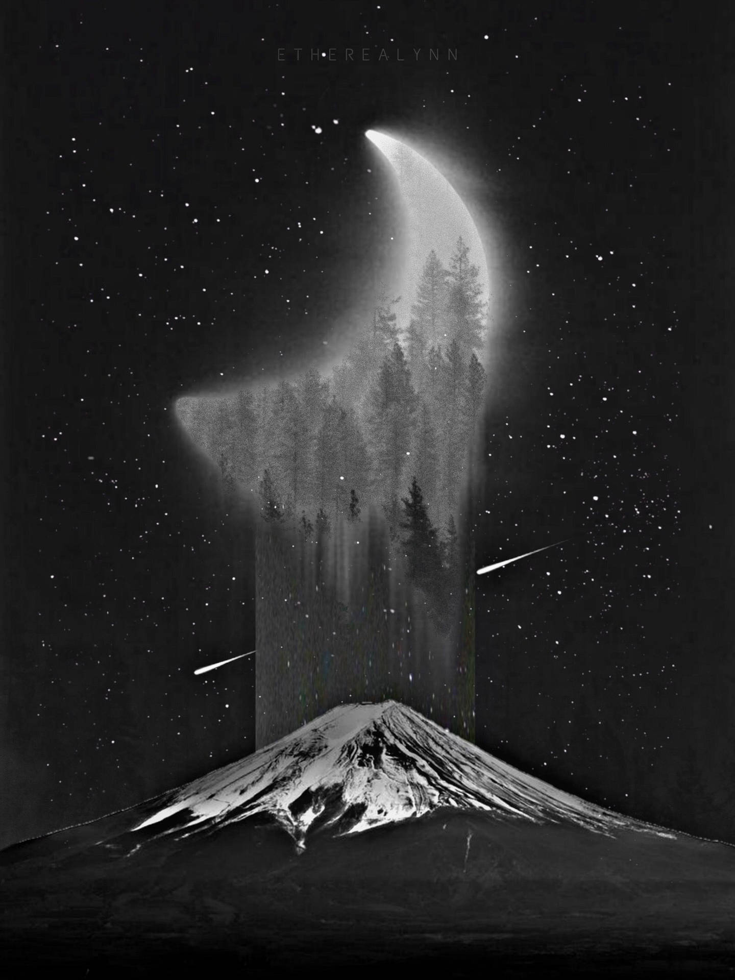 山峰剪影與森林月亮及流星在繁星夜空