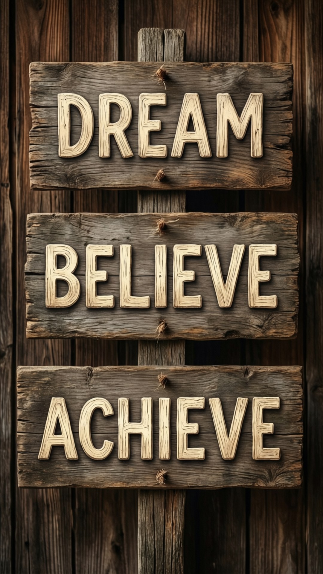 三個木牌上寫著 dream believe achieve 字樣，安裝在圍欄上。