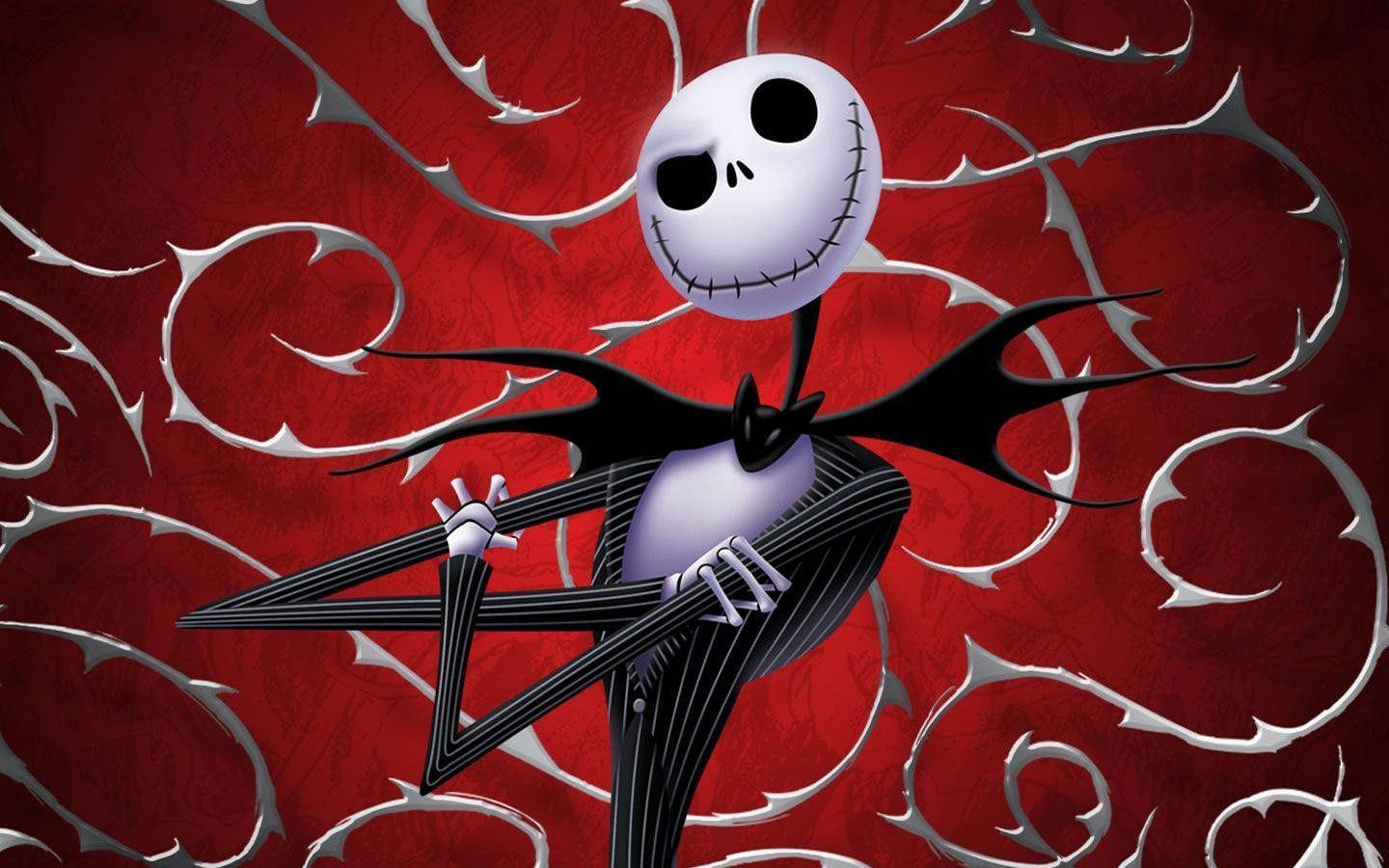 Jack Skellington 穿黑色西裝，紅色旋轉背景