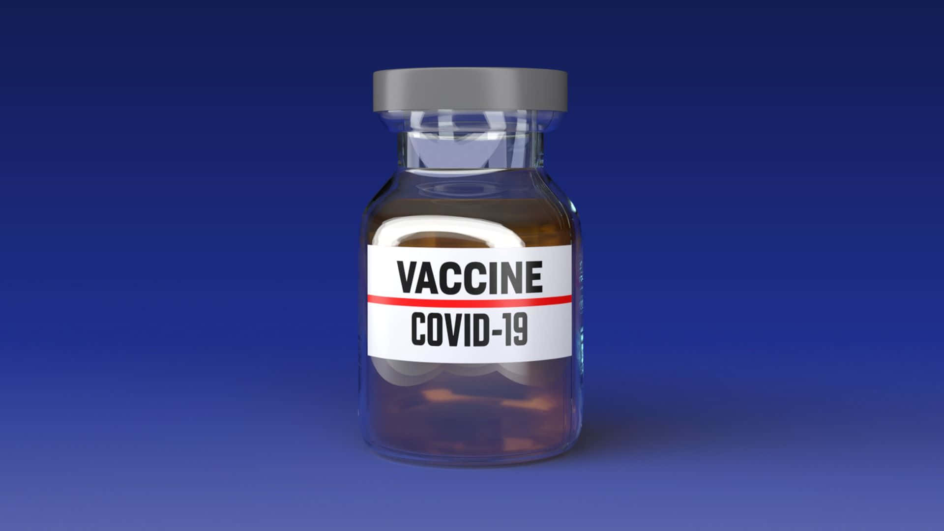 一個醫療用小瓶，標籤為疫苗 covid-19，內含琥珀色液體，置於藍色漸變背景前。