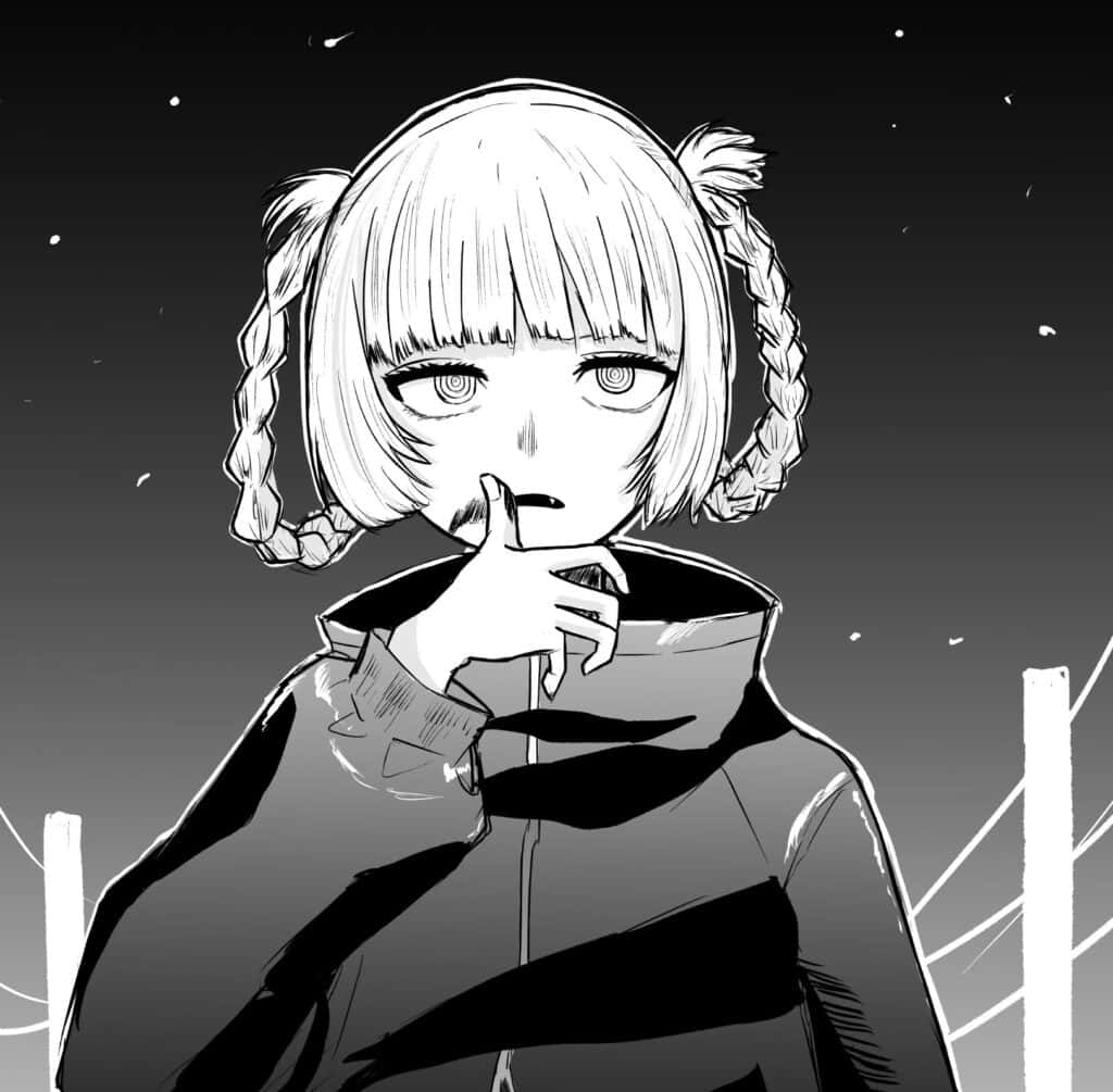 梳辮子的動漫女孩在星空下把手指放在嘴唇上