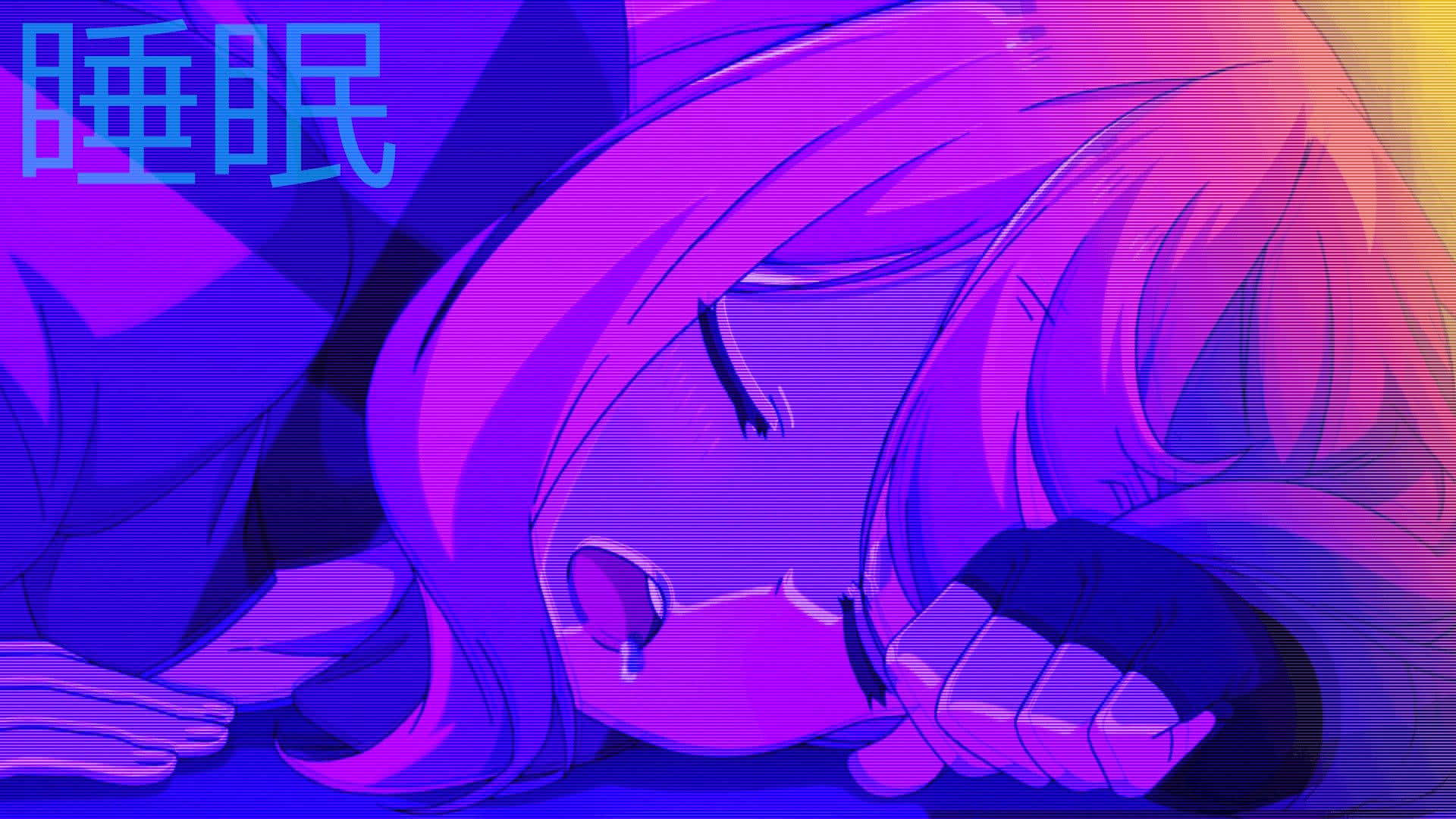疲憊動漫女孩頭像美學 壁紙 — 一個風格化的動漫女孩，粉紅色頭髮，在充滿活力的紫色和藍色霓虹燈下安然入睡。