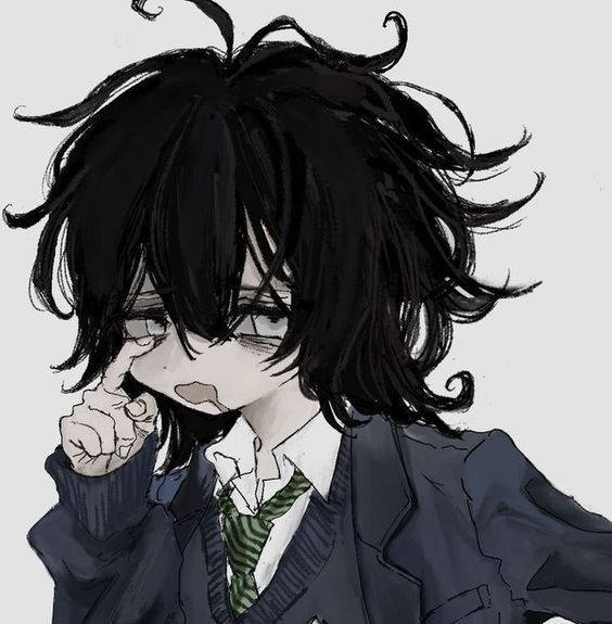 動漫男孩穿著校服，黑色亂髮擦眼淚。