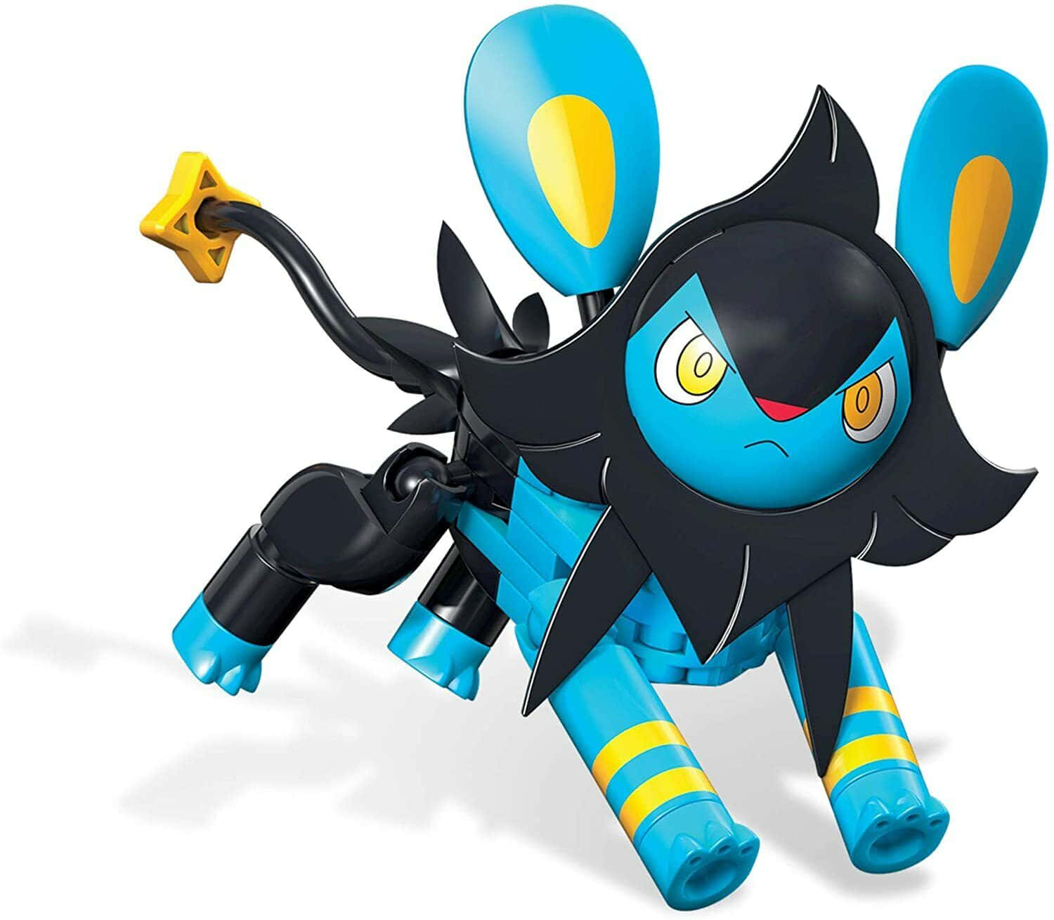 疾馳中的 Luxio Mega Construx 模型 壁紙 — 藍色和黑色的寵物小精靈路卡利歐玩具公仔，動感姿勢，帶有黃色點綴和星形尾巴。