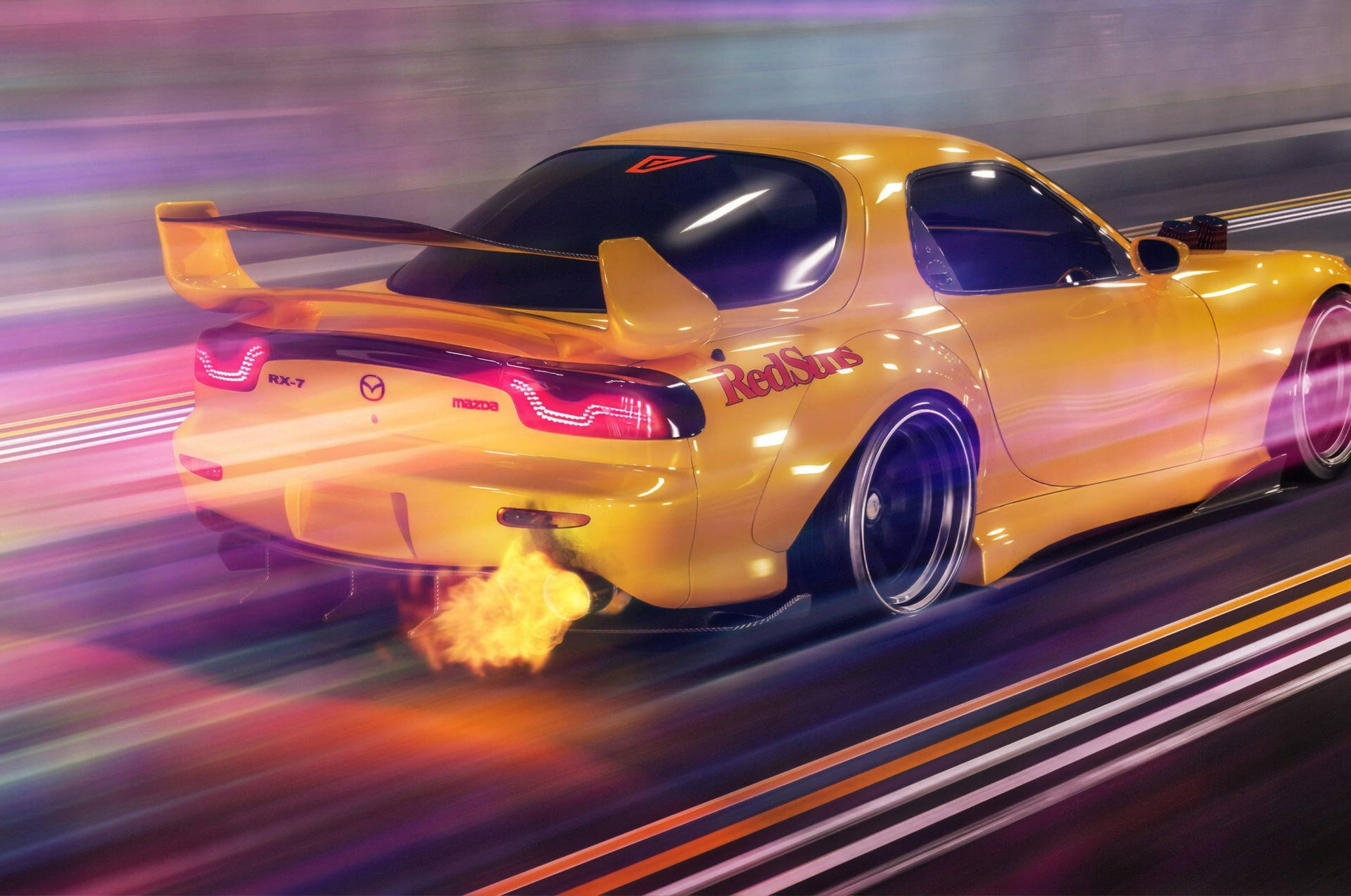 黃色萬事得RX-7跑車在夜間飛馳，排氣管噴出火焰，霓虹燈軌道。