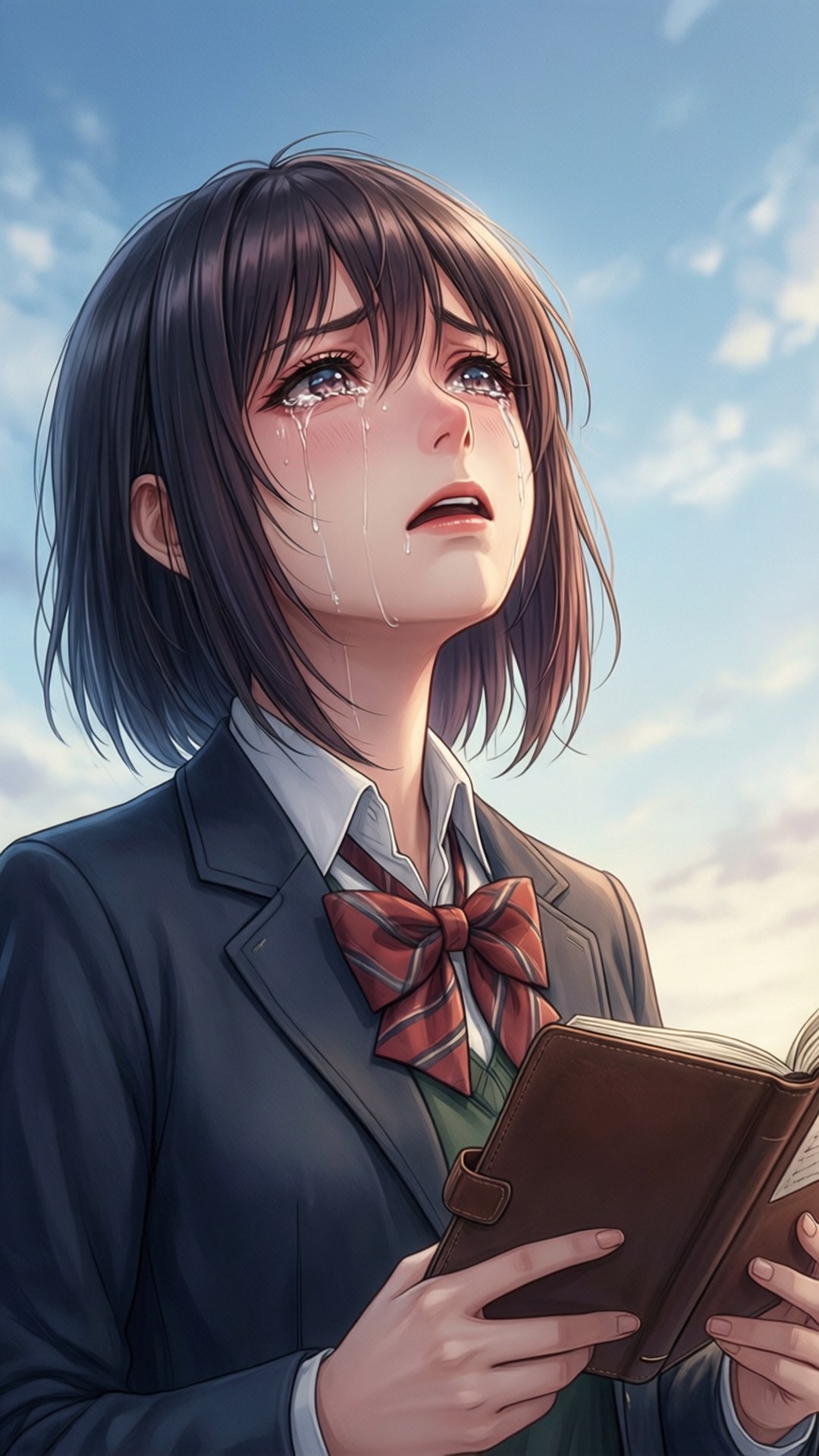 一個穿著校服的動漫女孩在藍天下抱著一本書哭泣