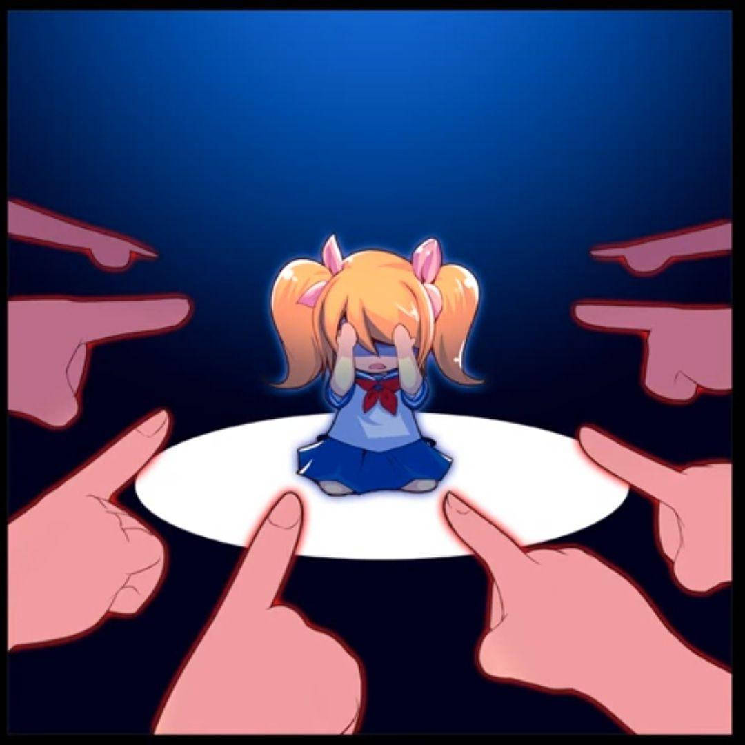 《病嬌模擬器》哭泣的對手 壁紙 — 一個細小的動漫女孩穿著校服，在深藍色背景下，多隻手指責性地指向她，她隱藏著自己的臉。