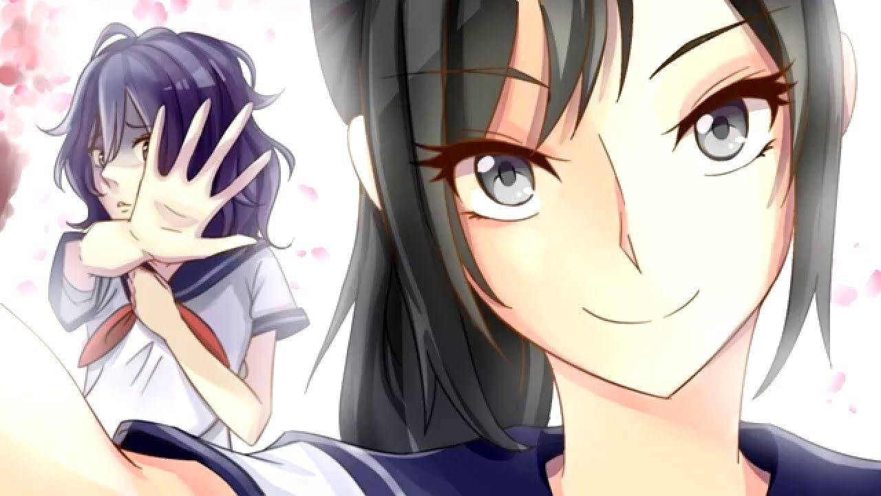 《病嬌模擬器》愛織綾音與岡露托 壁紙 — 兩個穿著校服的動漫女孩，一個微笑特寫，另一個害羞地用手遮臉，背景是柔和的粉紅色櫻花。