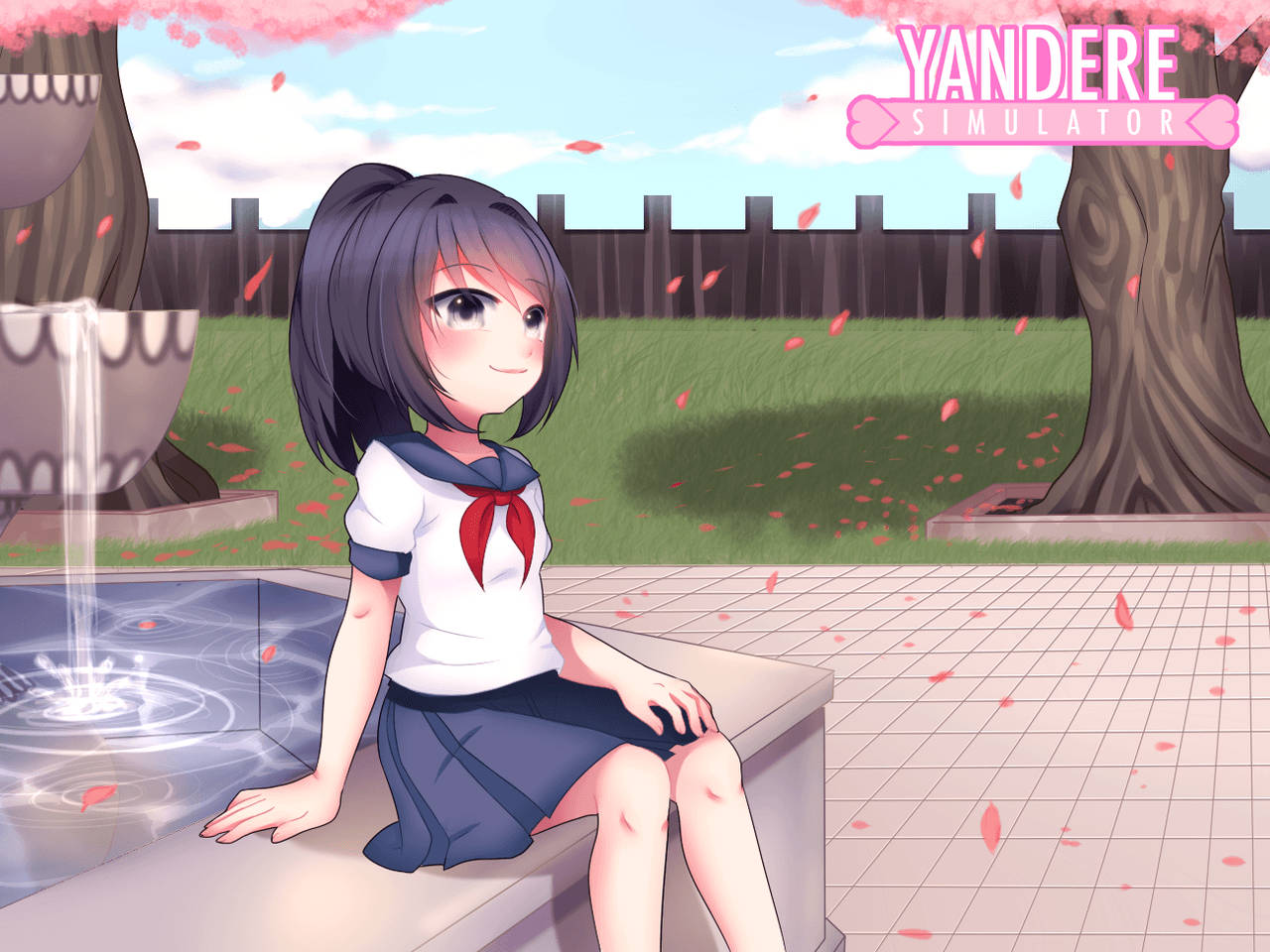 《病嬌模擬器》愛野美奈子同人圖 壁紙 — 一個開心的動畫女學生穿著校服坐在噴泉旁，櫻花在陽光明媚的庭院中飄揚。
