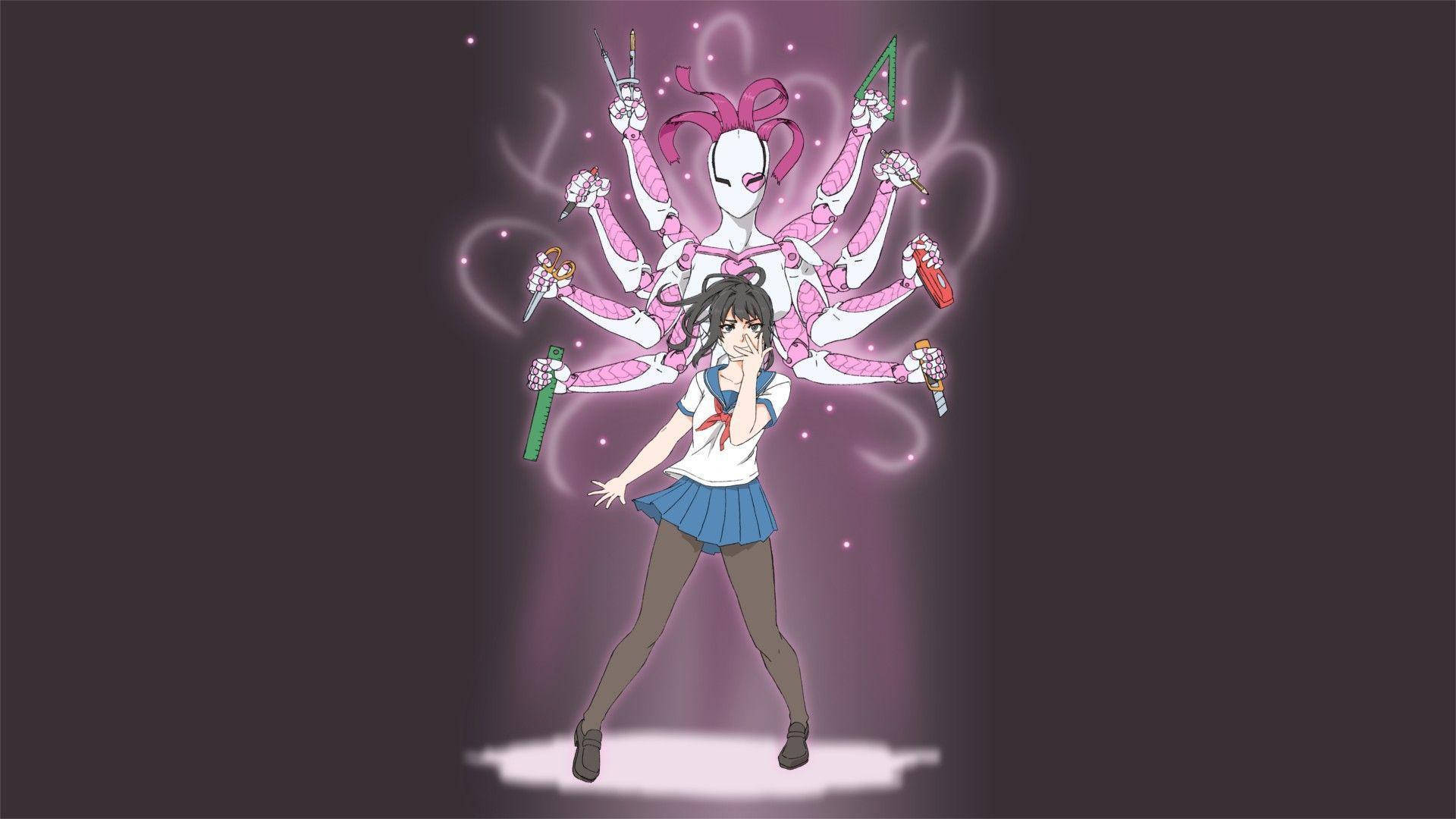 《病嬌模擬器》愛野美奈子壞浪漫模式 壁紙 — 一名女學生站在一個發光的粉紅色多臂實體前，該實體手持各種飲料，背景為深紫色。