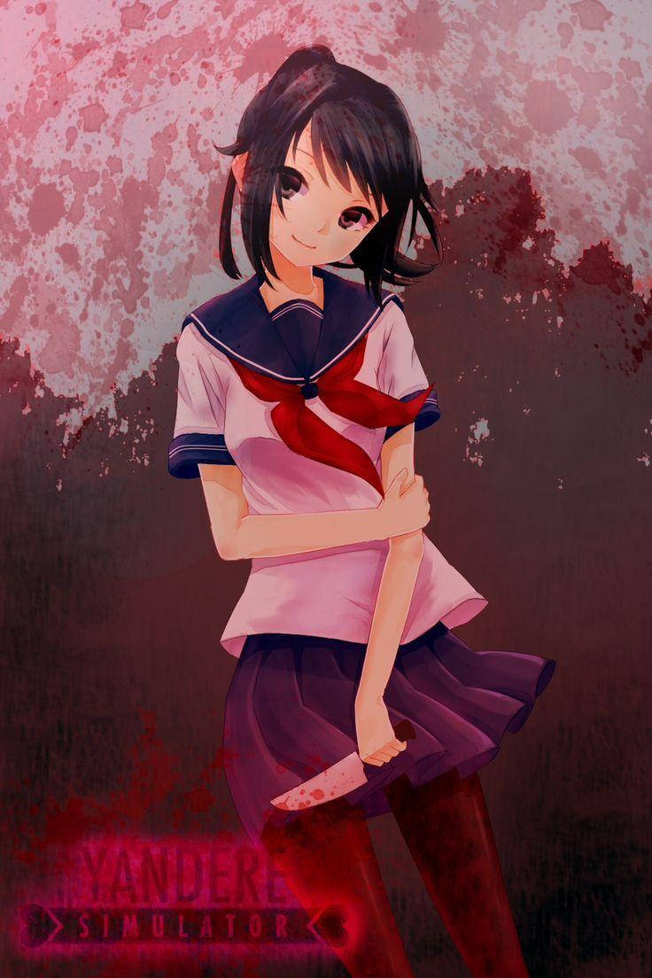《病嬌模擬器》愛野美奈子甜美微笑 壁紙 — 一個黑髮動漫女孩穿著沾滿血跡的水手服，拿著一把血淋淋的刀，背景是濺滿粉紅色和紅色的。