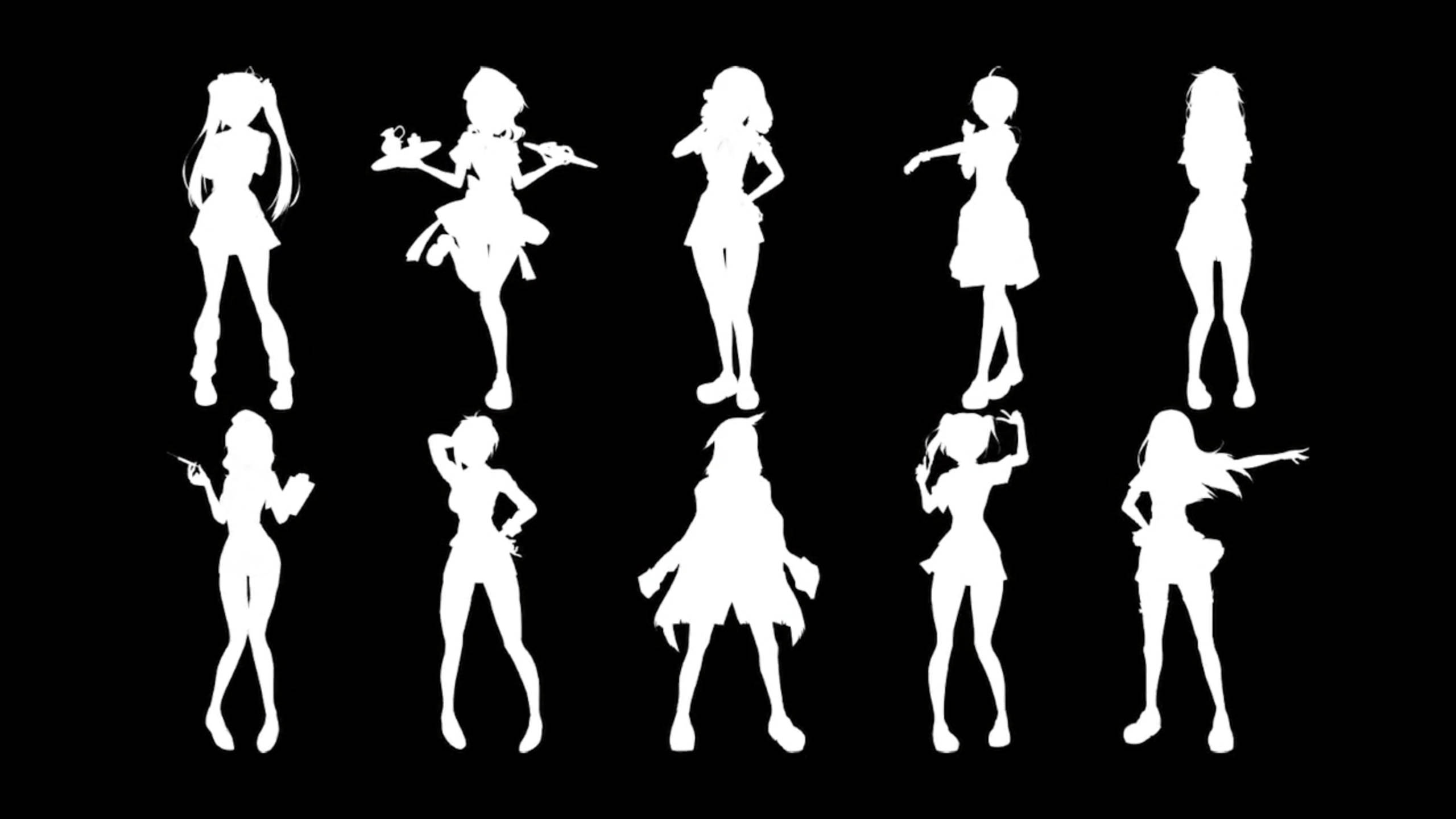《病嬌模擬器》競爭對手剪影 壁紙 — 白色剪影的動漫女孩在各種動態姿勢中，背景為純黑色。