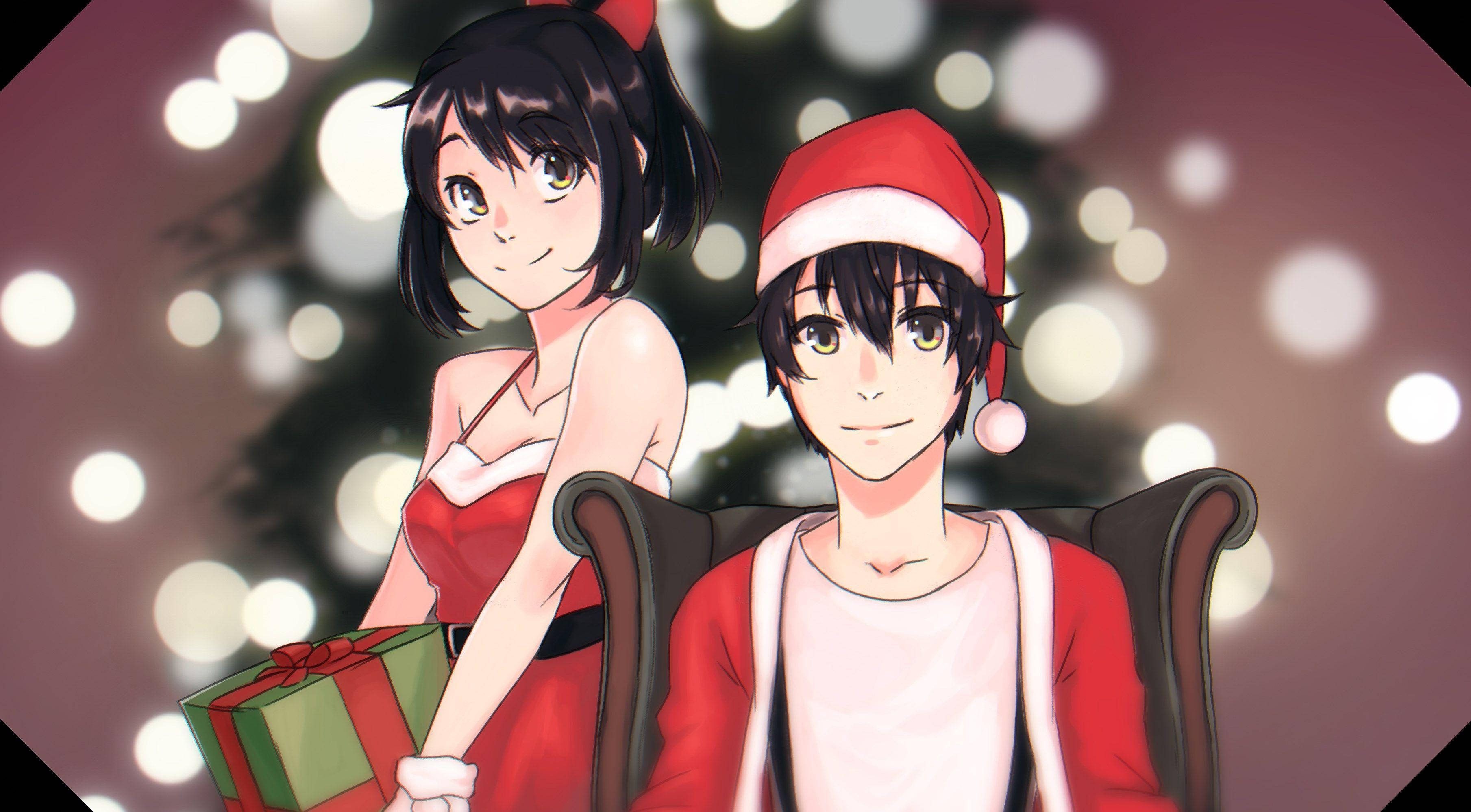 《病嬌模擬器》聖誕節 壁紙 — 兩個動漫角色穿著節日紅色服裝，坐在發光的聖誕樹旁，手持禮物。