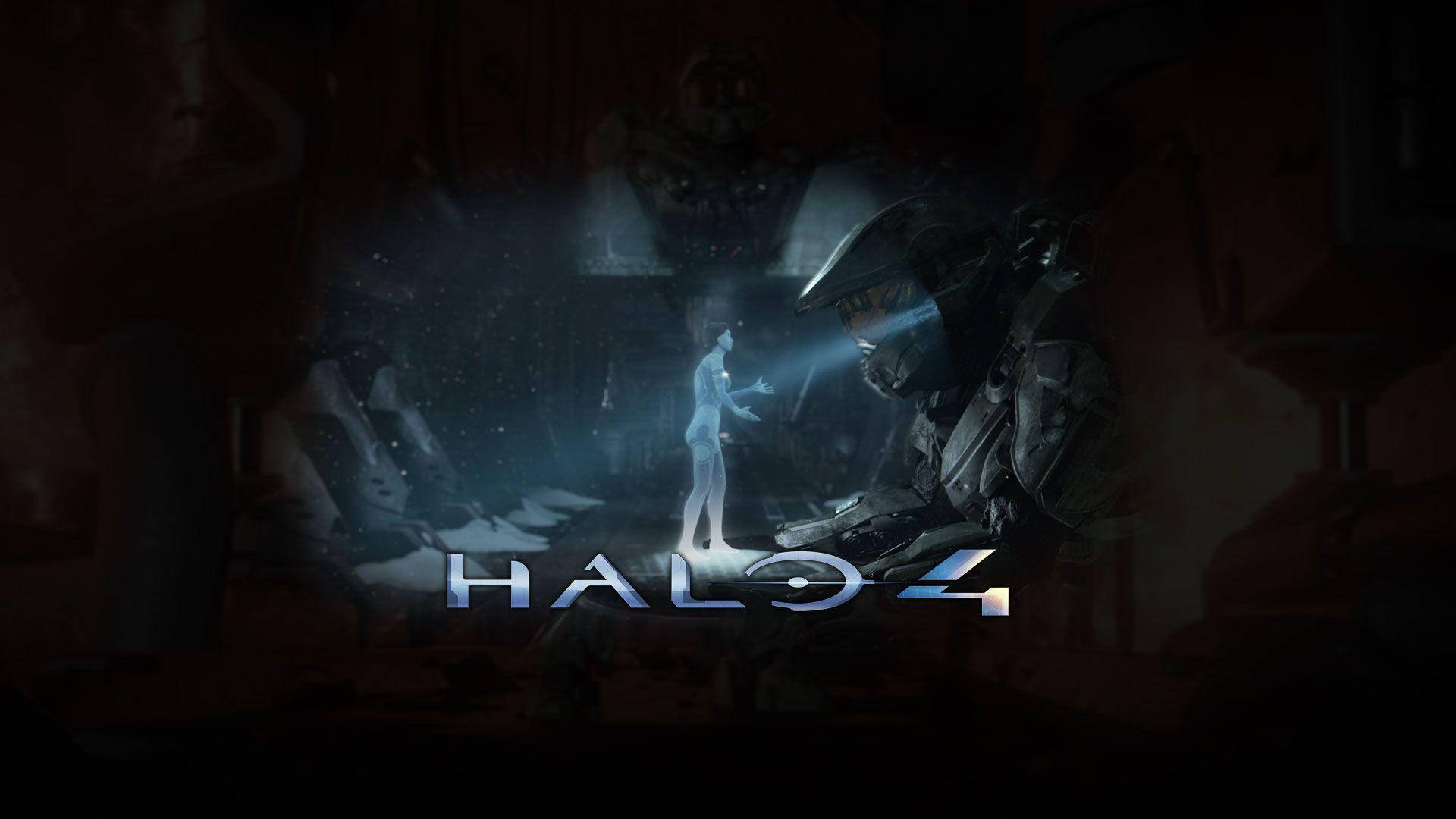病態Halo 4全息影像 壁紙 — 一名身穿暗色盔甲的斯巴達戰士，在昏暗的未來風格房間中，跪在一個發著藍光的人形全息投影前。