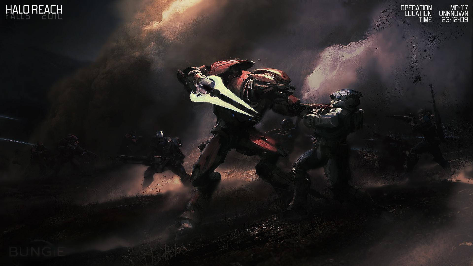 病態Halo Reach 壁紙 — 一名身穿紅色盔甲的斯巴達戰士在風暴天空下的黑暗戰場上，用發光的能量劍戰鬥。