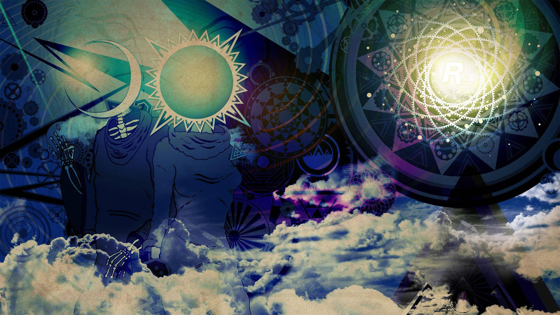 病態太陽與月亮 壁紙 — 一件超現實的數碼藝術作品，描繪一個頭部為太陽的骷髏形象，在星空下漂浮於雲層和宇宙符號之間。