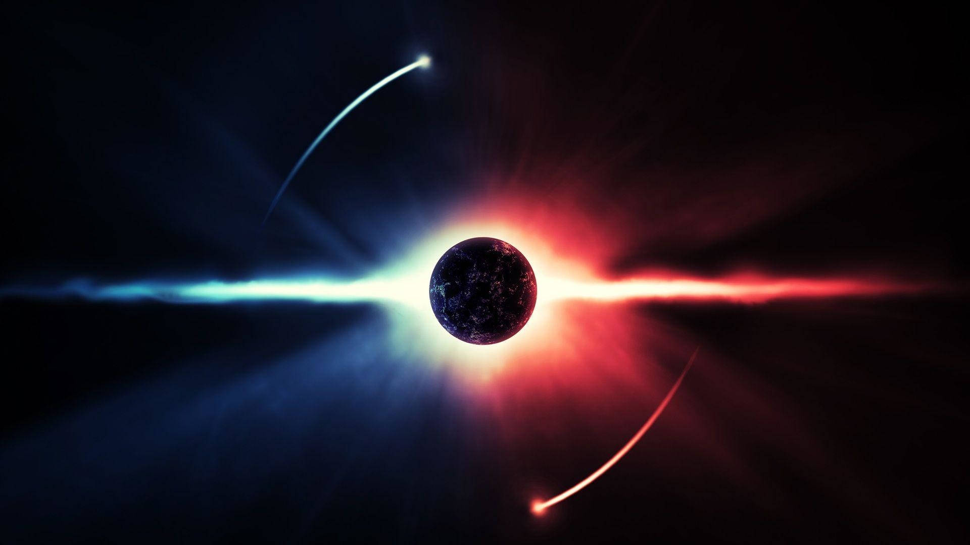 病態手機太空紅藍 壁紙 — 一個宇宙黑洞在黑暗虛空中散發出強烈的紅色和藍色光束，帶有發光的彎曲軌跡。