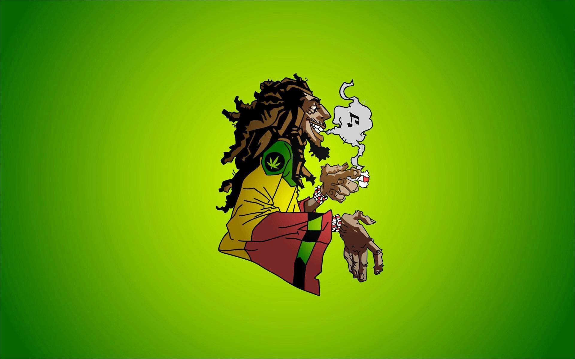 病態雷鬼男子 壁紙 — 一個卡通拉斯塔男人，留著辮子，抽著大麻煙，煙霧中飄出音符，背景是充滿活力的綠色漸變。