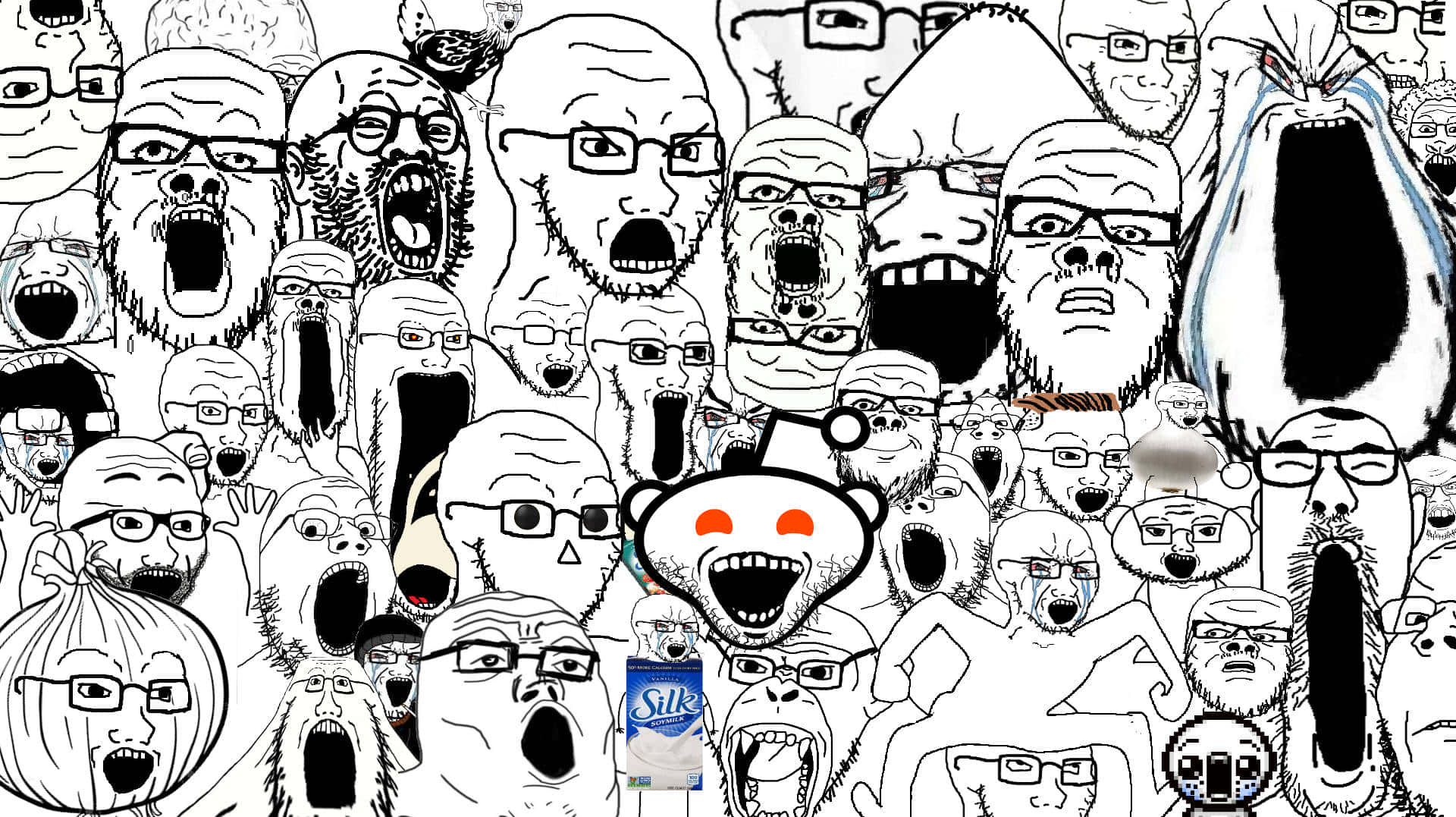 病毒式卡通迷因臉部搞笑圖片 壁紙 — 一幅混亂的黑白插圖，描繪尖叫的面孔，中央有一個 Reddit 外星人和一個 Silk 牛奶盒。