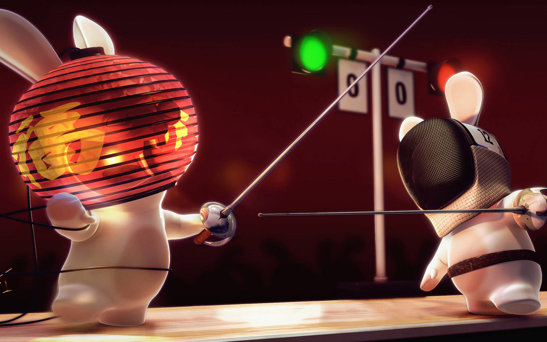 兩隻戴著面具的兔子劍客在發光的紅燈籠下用劍決鬥。