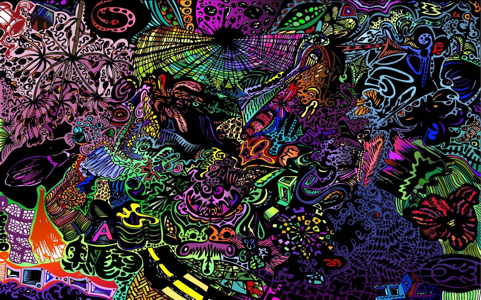 帶有迷幻圖案和超現實有機形狀的鮮豔抽象插圖。