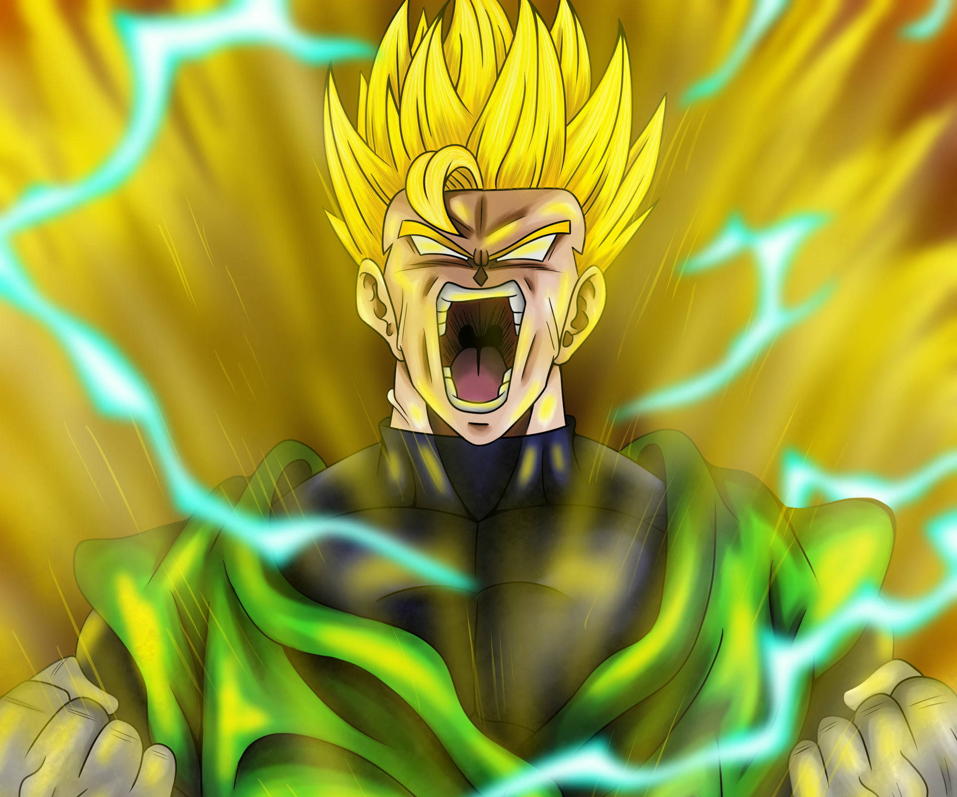 瘋狂悟飯超級賽亞人2 壁紙 — 一個強大的動漫角色，有著尖刺的黃色頭髮，在發光的綠色能量和電藍色閃電中咆哮，背景是燦爛的金色。