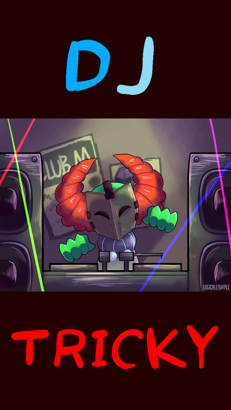 卡通DJ，長有紅色角和綠色手，在霓虹燈照亮的俱樂部中混音。